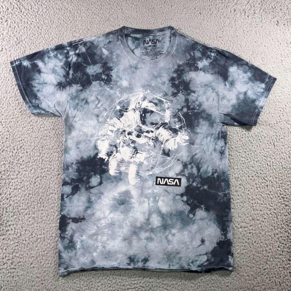 NASA Graphic T-Shirt Mens M Grey Tie Dye Astronaut Space S/S Streetwear Geek